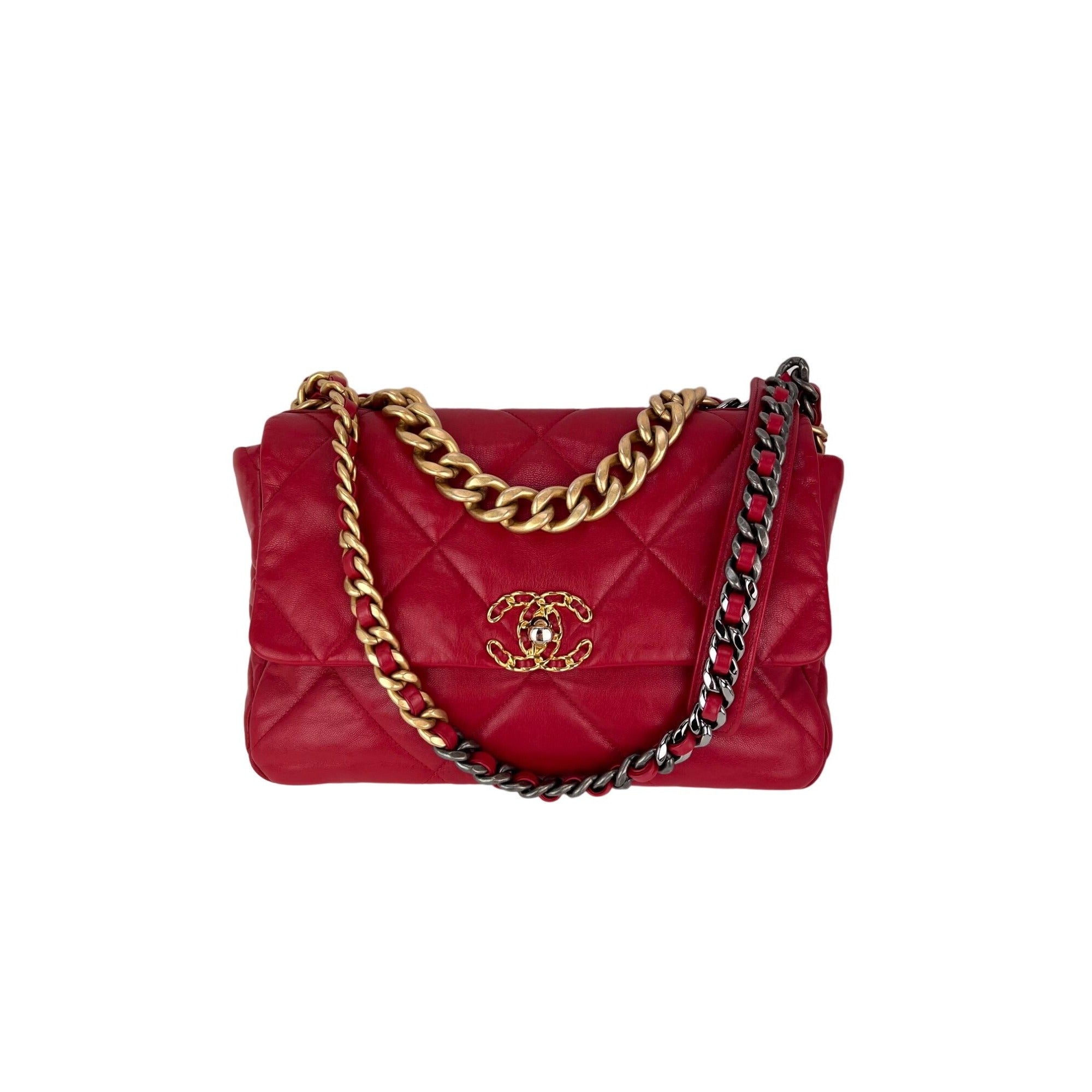 Túi xách Chanel 19 cỡ lớn bằng da dê chần bông màu bạc và vàng đỏ