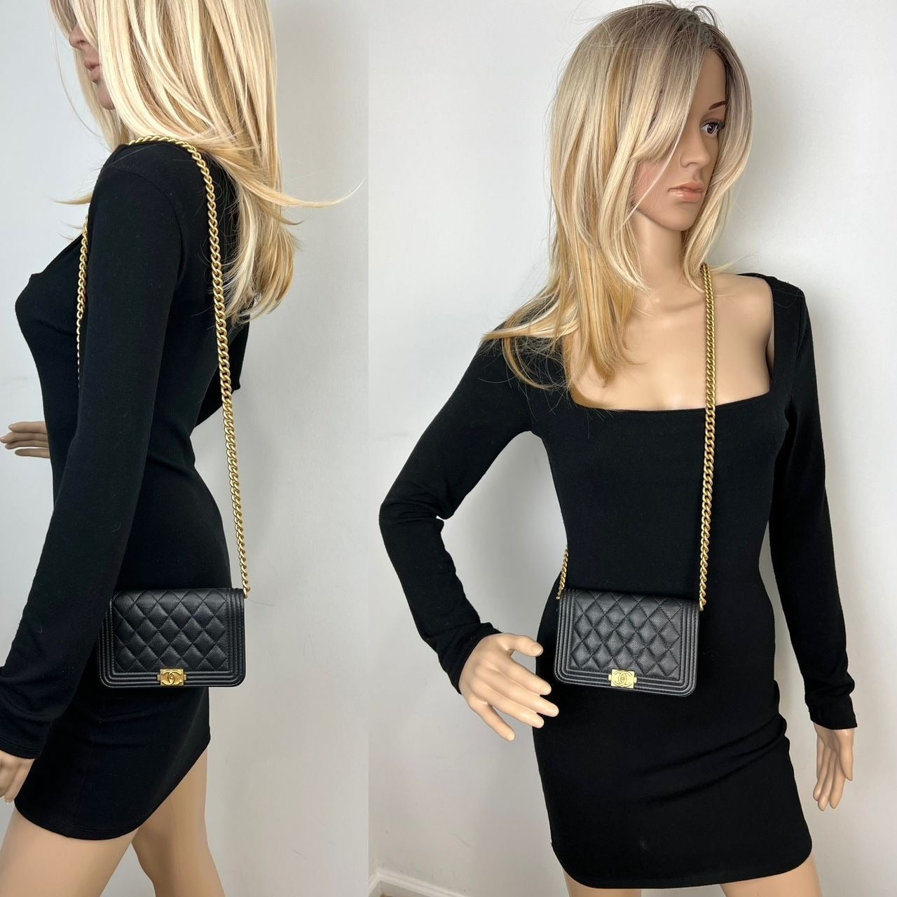 Ví cầm tay Chanel Caviar Quilted Mini Boy có dây xích màu đen