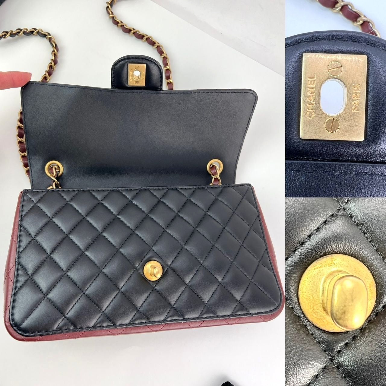 Chanel Calfskin Quilted Strap into Flap Black Burgundy Shoulder Bag