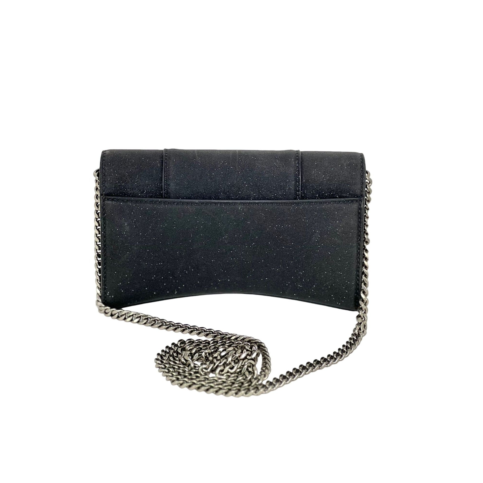 Túi đeo vai đính đá lấp lánh màu đen BALENCIAGA Hourglass Wallet On Chain