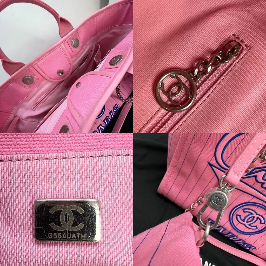 Túi tote Chanel Canvas Calfskin sọc cỡ trung Deauville màu hồng