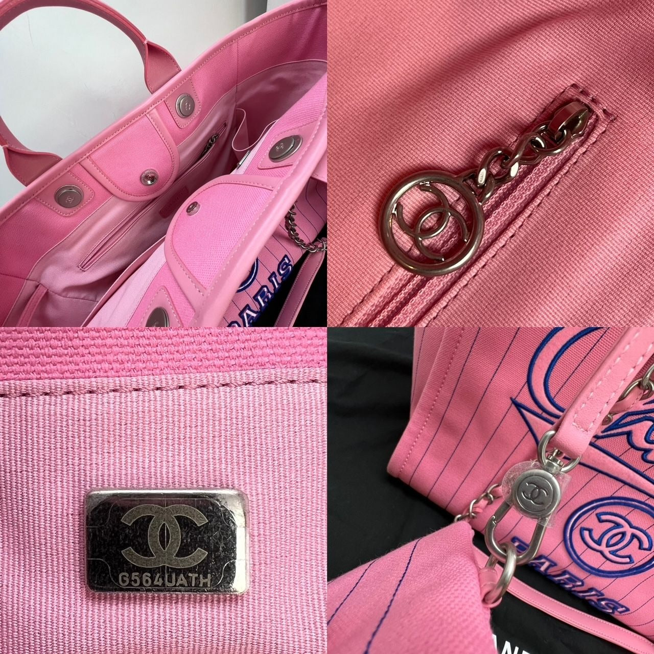 Túi tote Chanel Canvas Calfskin sọc cỡ trung Deauville màu hồng