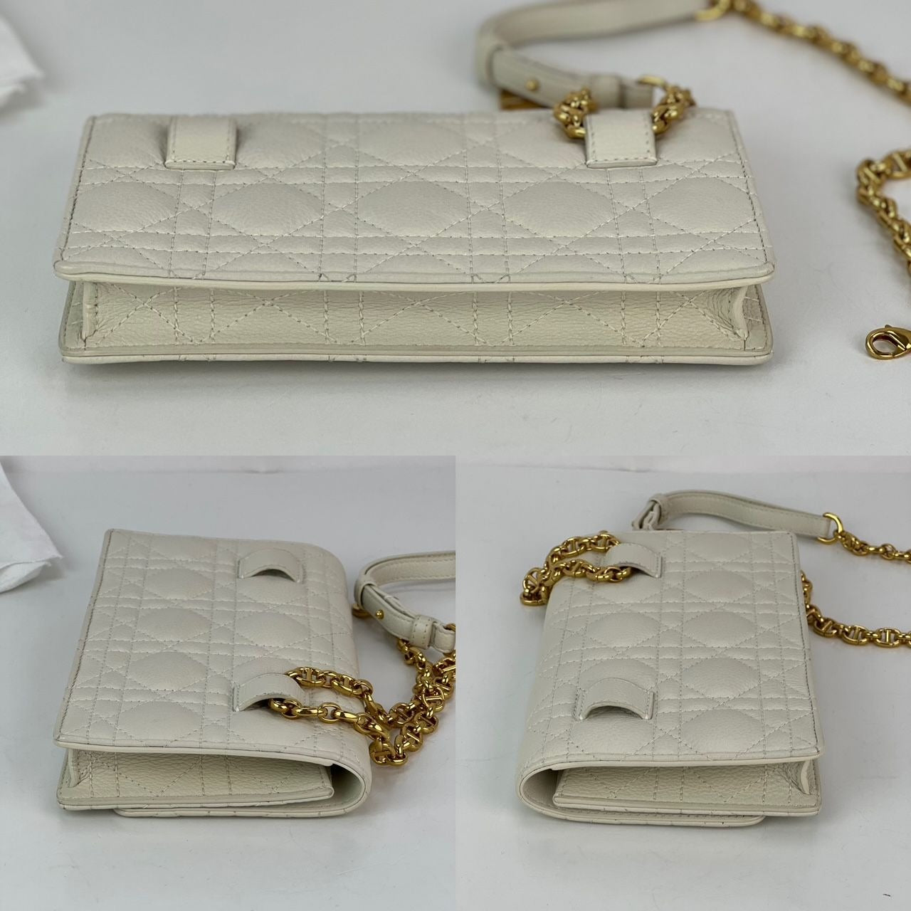 Túi cầm tay thắt lưng da trắng Caro Cannage của Christian Dior
