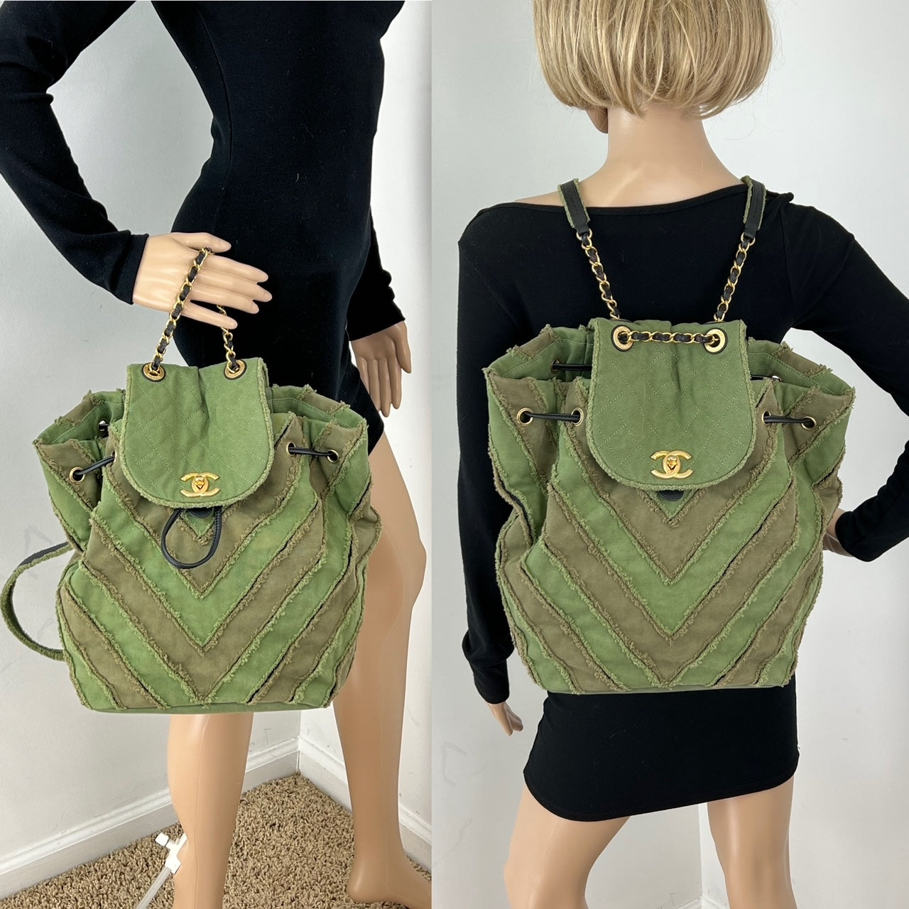 Balo CHANEL Canvas Chevron Cuba Patchwork Khaki Green Backpack Đã qua sử dụng
