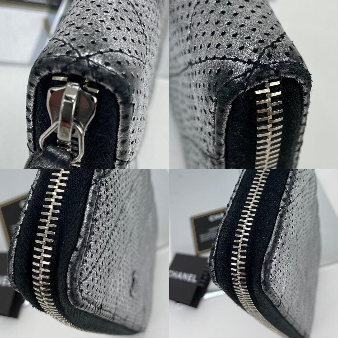 Ví cầm tay Chanel Perforated Silver Metallic Lambskin Quilted Zip Around