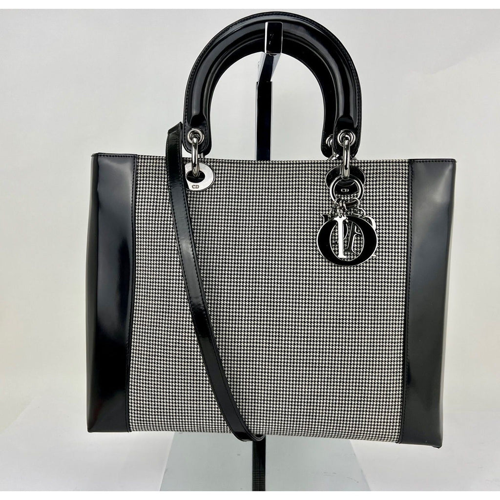 Christian Dior Large Lady Black Patent Leather Canvas Hand Bag