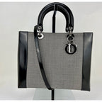 Christian Dior Large Lady Black Patent Leather Canvas Hand Bag
