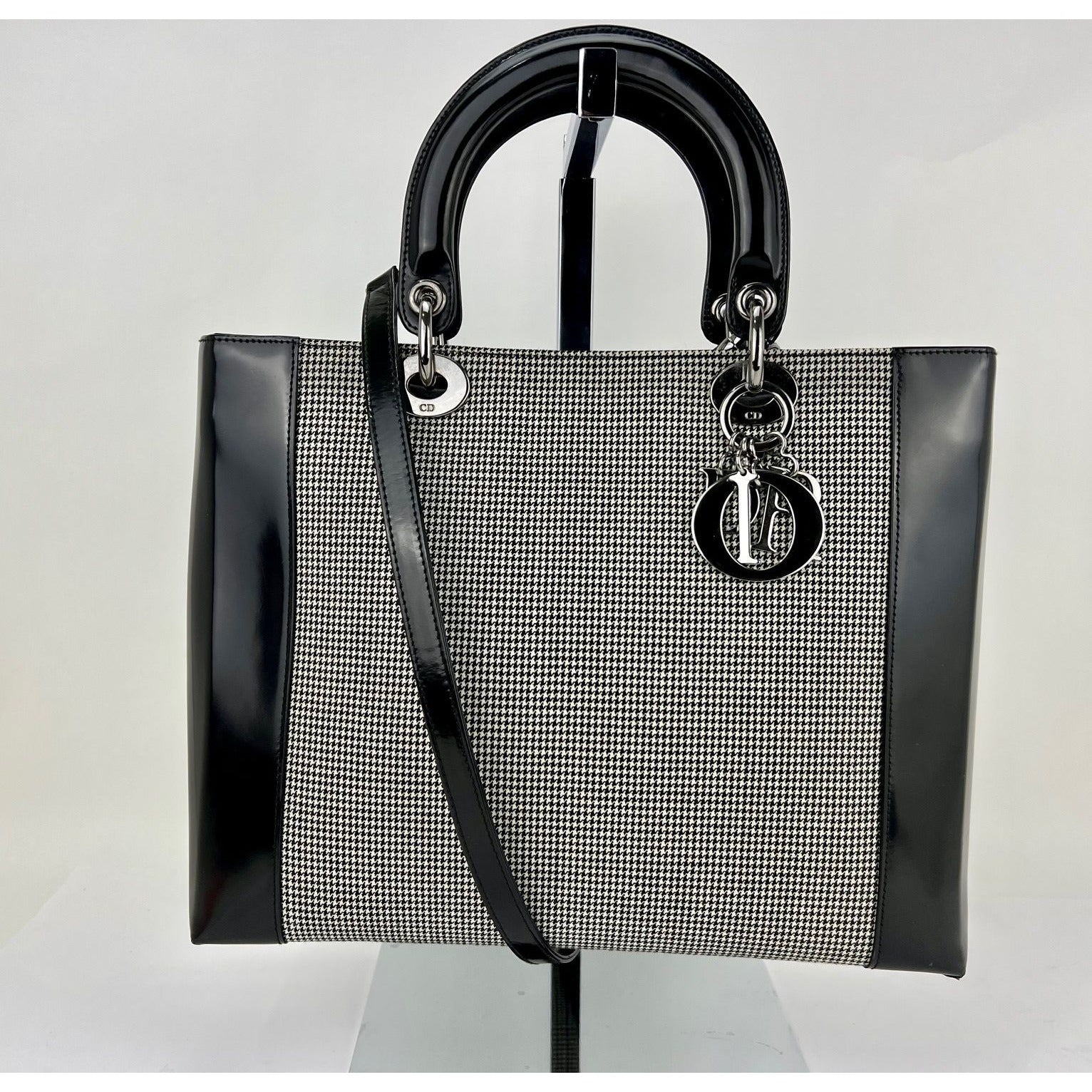 Christian Dior Large Lady Black Patent Leather Canvas Hand Bag