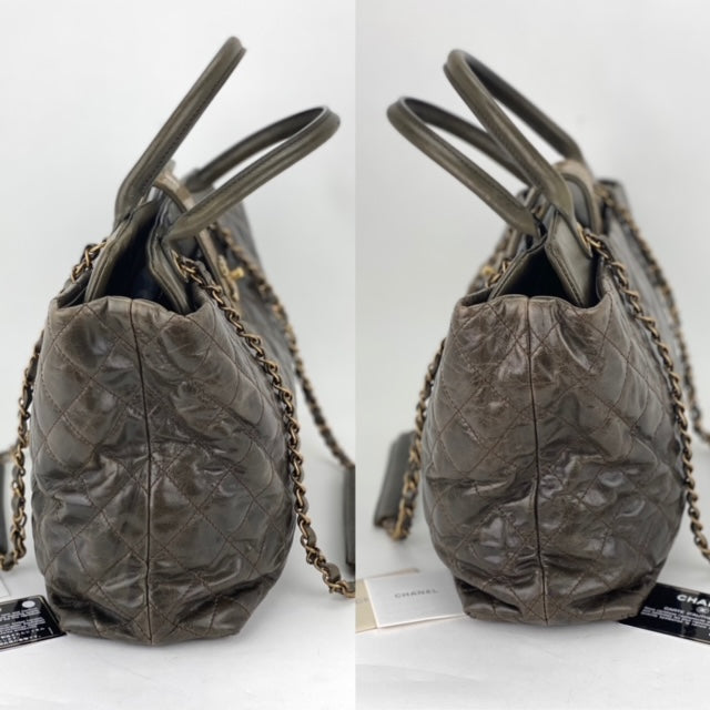 CHANEL Glazed Calfskin Shagreen Large Bindi CC Grey Tote Hand Bag