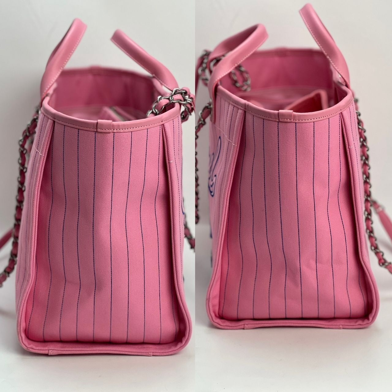 Túi tote Chanel Canvas Calfskin sọc cỡ trung Deauville màu hồng