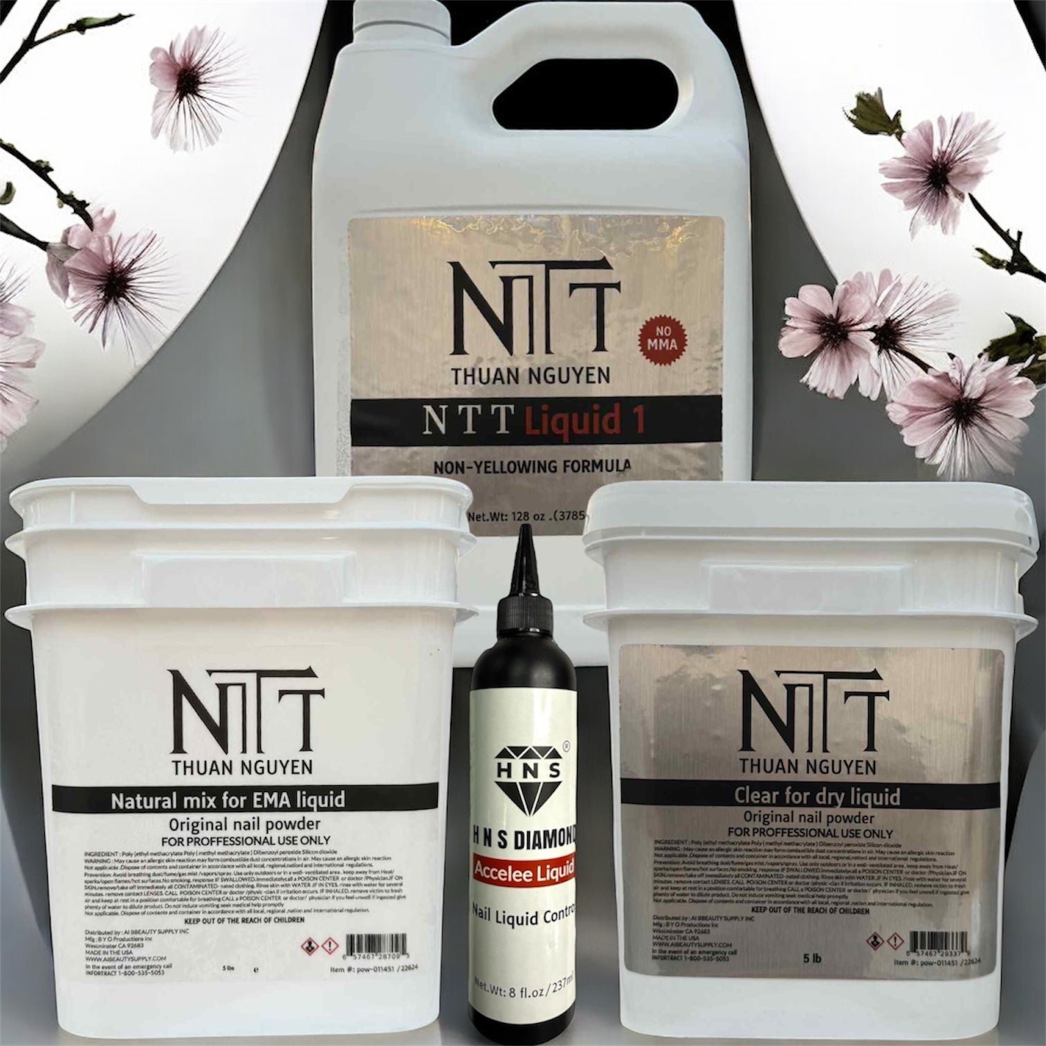 Combo M09: 1x NTT Natural Mix Powder For EMA Liquid + 1x NTT Clear Powder For Dry Liquid + 1x NTT Liquid + 1x HNS Diamond Accelee Liquid
