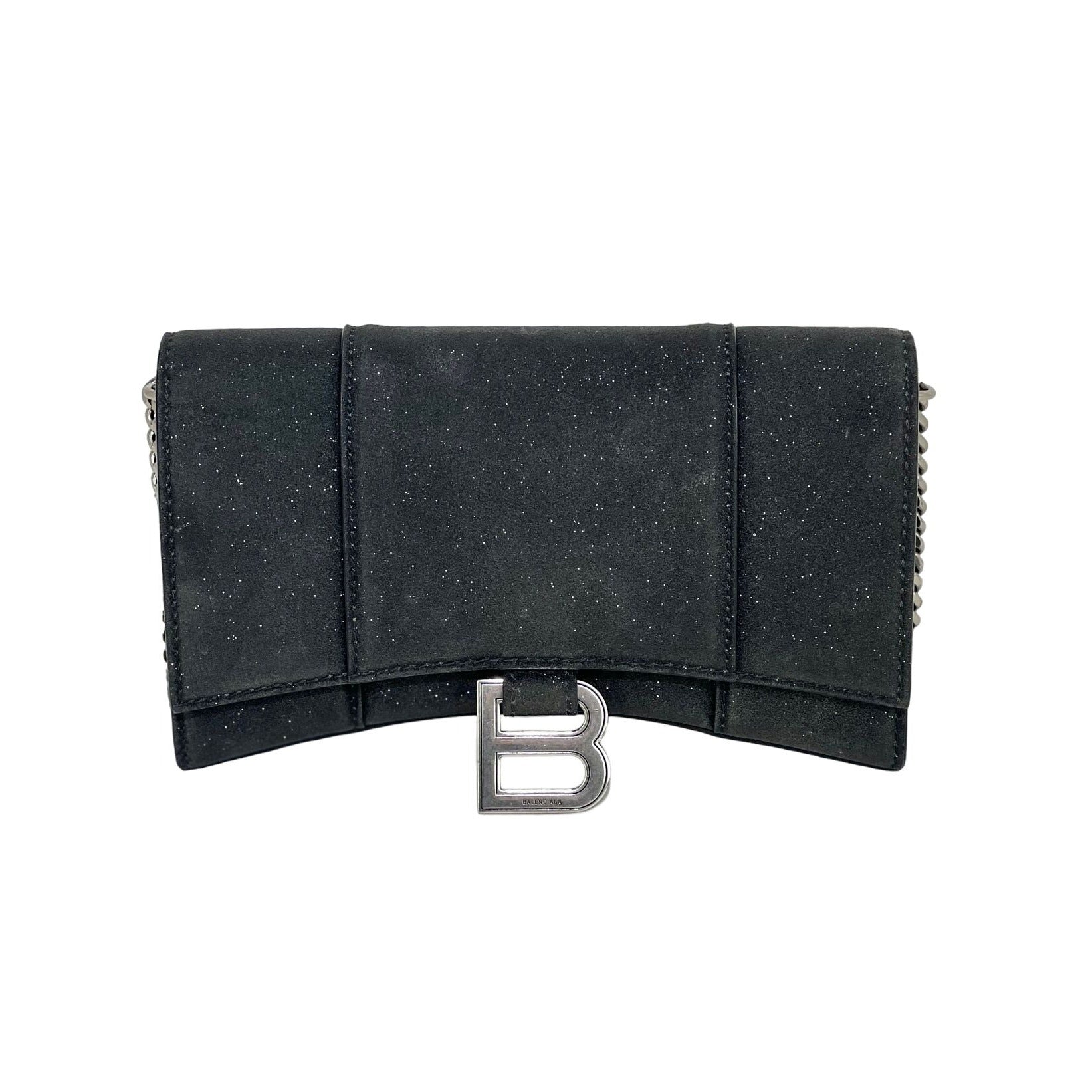 Túi đeo vai đính đá lấp lánh màu đen BALENCIAGA Hourglass Wallet On Chain