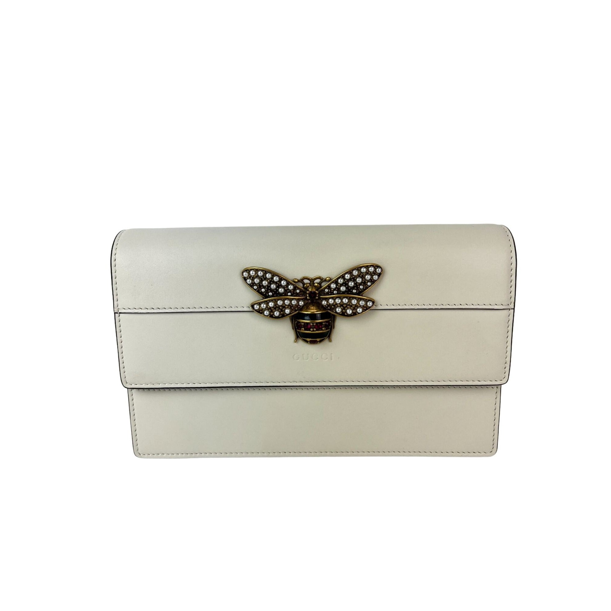 Ví Gucci Queen Margaret Bee kèm dây xích và ví cầm tay Mystic White