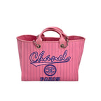 Túi tote Chanel Canvas Calfskin sọc cỡ trung Deauville màu hồng