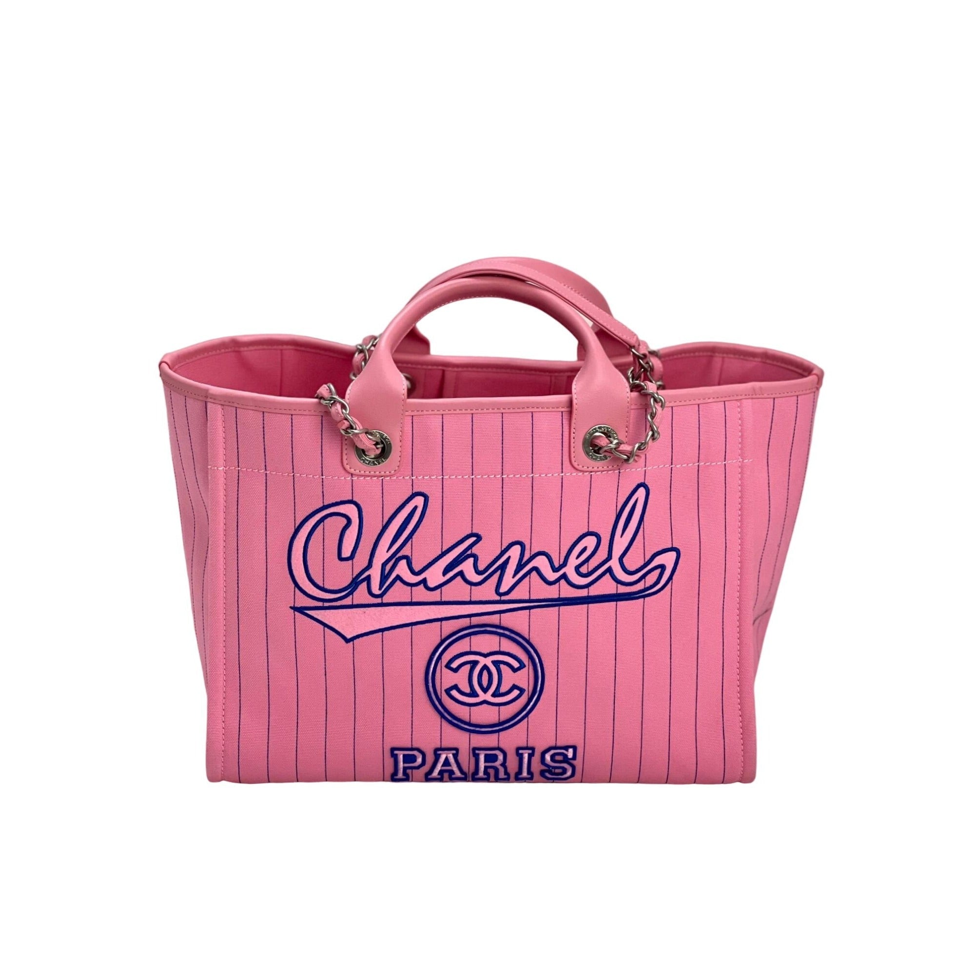 Túi tote Chanel Canvas Calfskin sọc cỡ trung Deauville màu hồng