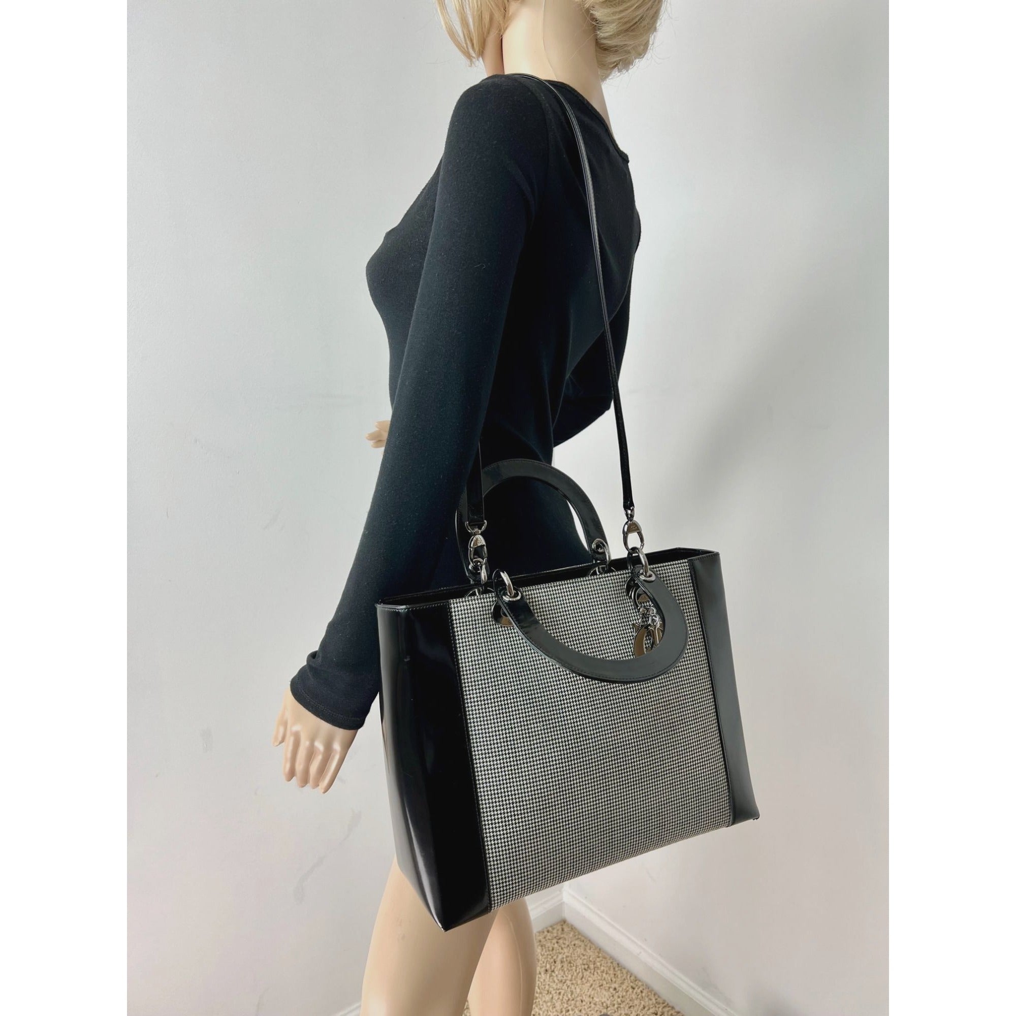 Christian Dior Large Lady Black Patent Leather Canvas Hand Bag