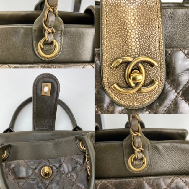 CHANEL Glazed Calfskin Shagreen Large Bindi CC Grey Tote Hand Bag