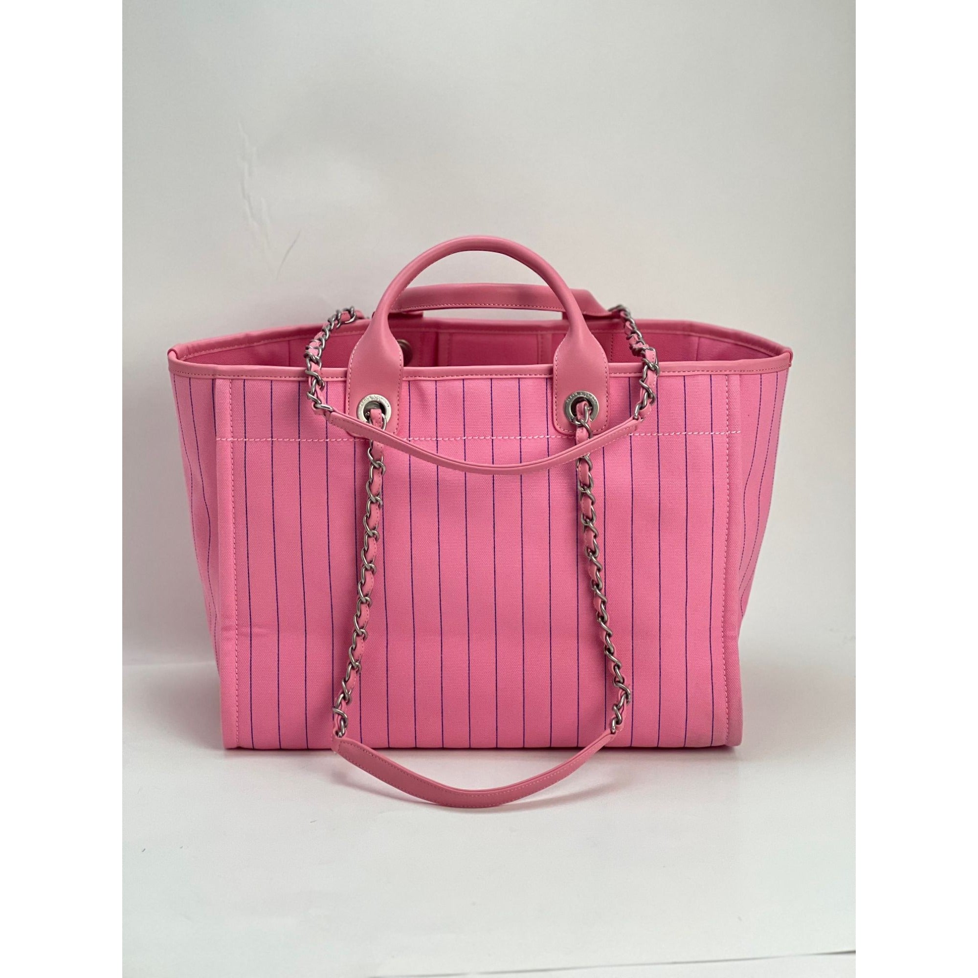 Túi tote Chanel Canvas Calfskin sọc cỡ trung Deauville màu hồng