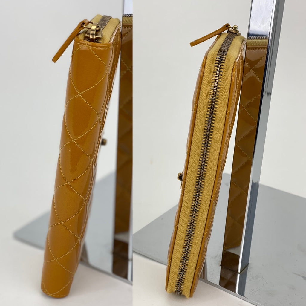 Ví cầm tay Chanel Quilted Yellow Patent Leather Brilliant Zip Around