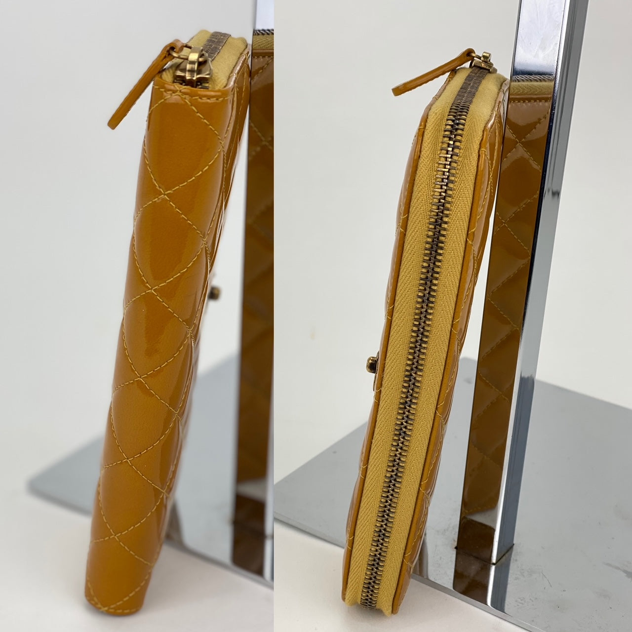 Ví cầm tay Chanel Quilted Yellow Patent Leather Brilliant Zip Around