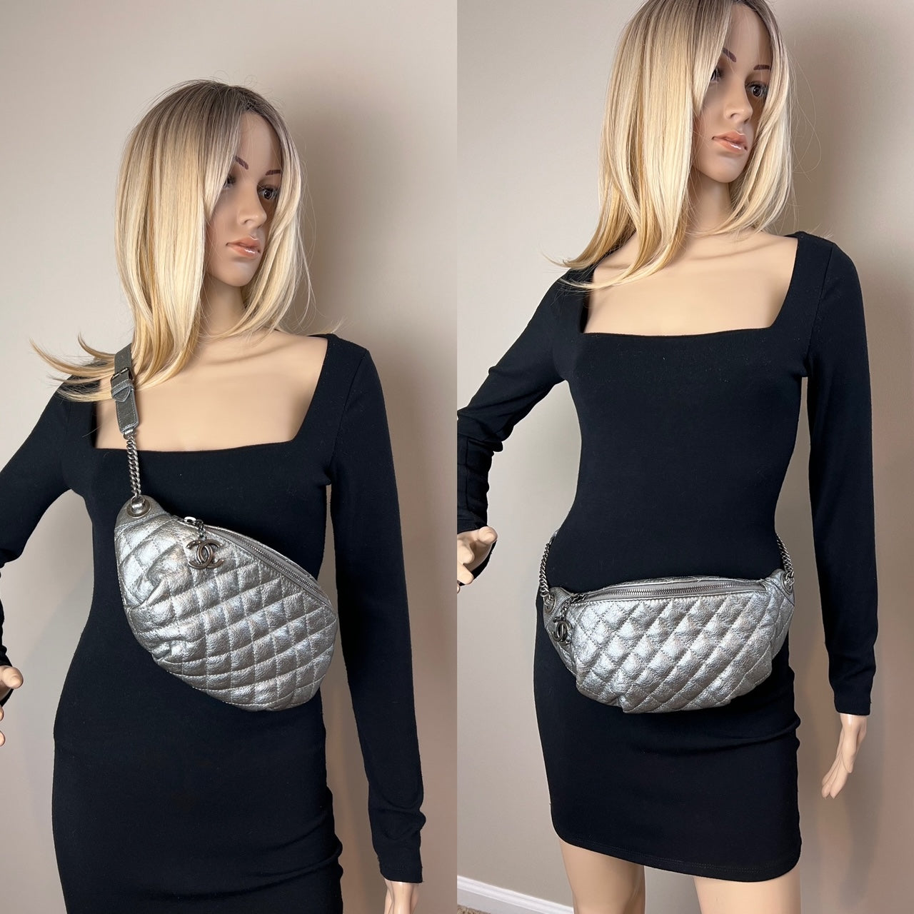 Túi đeo hông Chanel Metallic Dark Silver Calfskin Quilted Banana Fanny Pack