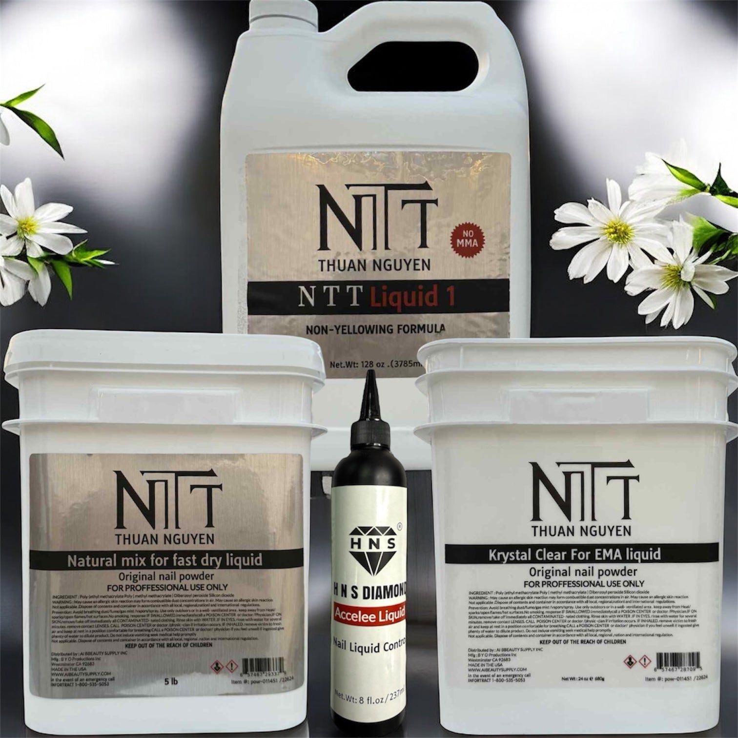 Combo M10: 1x NTT Natural Mix Powder For Fast Dry Liquid + 1x NTT Krystal Clear For EMA Liquid + 1x NTT Liquid + 1x HNS Diamond Accelee Liquid
