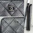 Ví cầm tay Chanel Perforated Silver Metallic Lambskin Quilted Zip Around
