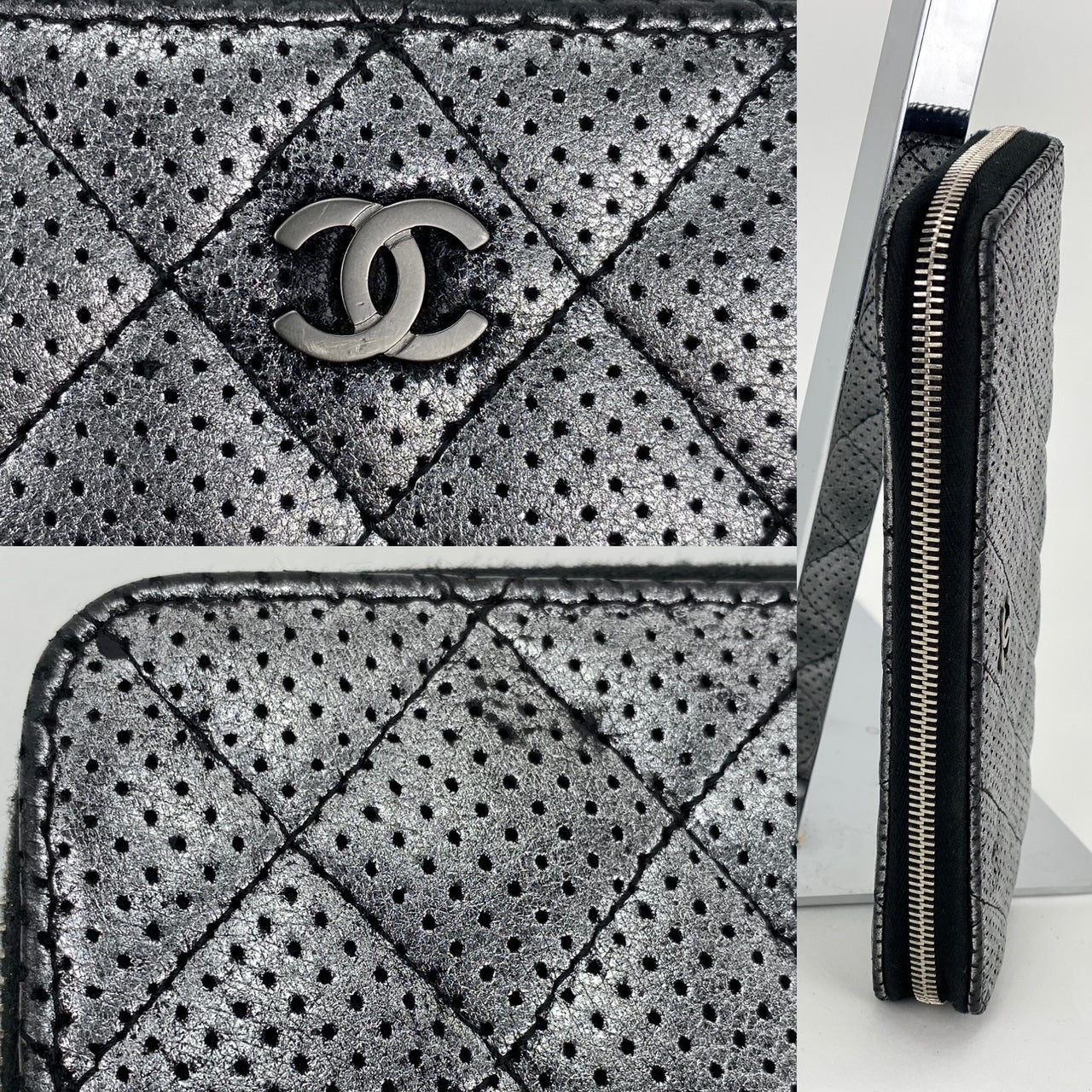 Ví cầm tay Chanel Perforated Silver Metallic Lambskin Quilted Zip Around