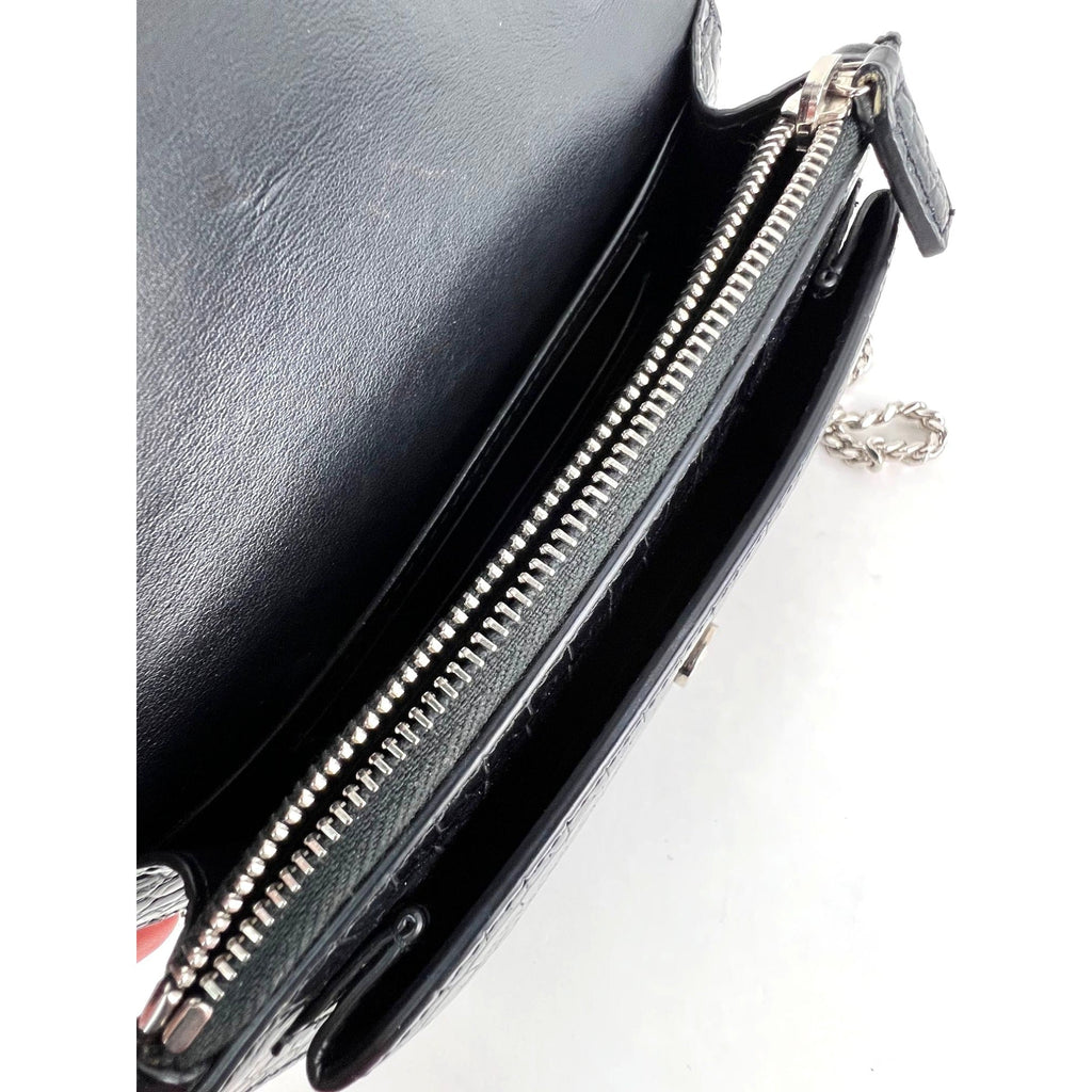 Saint Laurent Black Leather Sunset Wallet on a Chain Crocodile Embossed Bag
