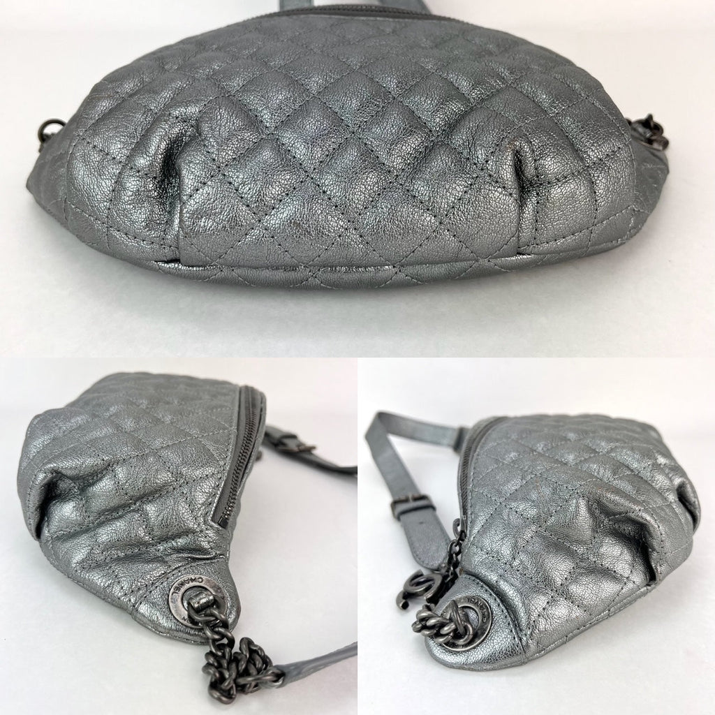 Túi đeo hông Chanel Metallic Dark Silver Calfskin Quilted Banana Fanny Pack