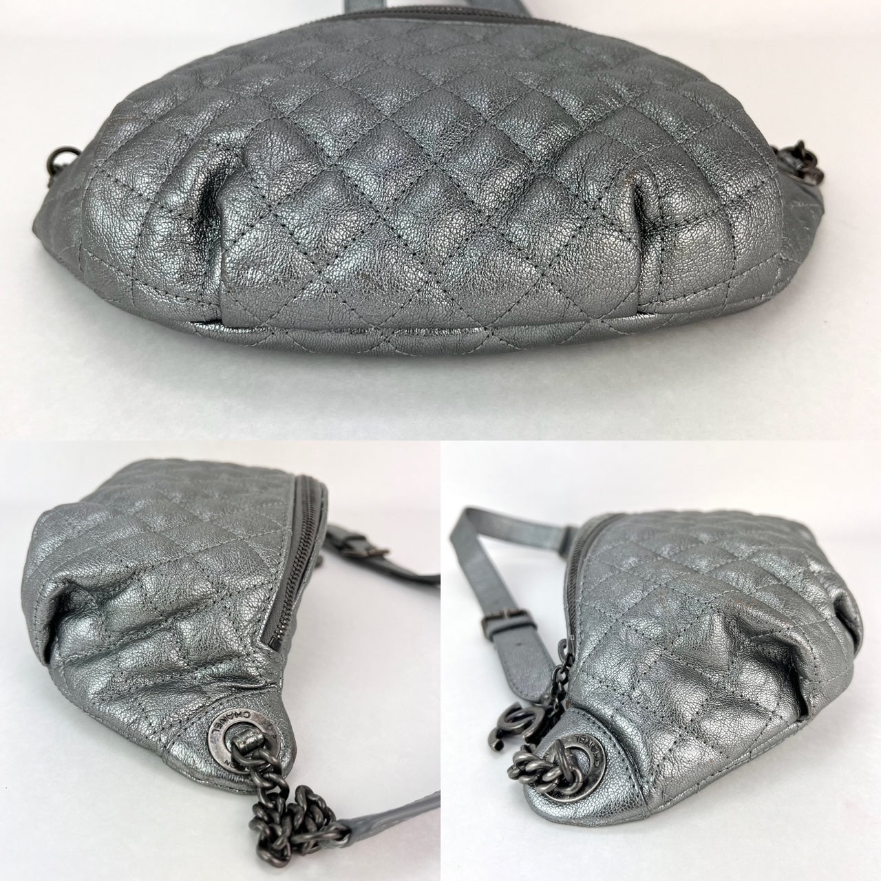 Túi đeo hông Chanel Metallic Dark Silver Calfskin Quilted Banana Fanny Pack