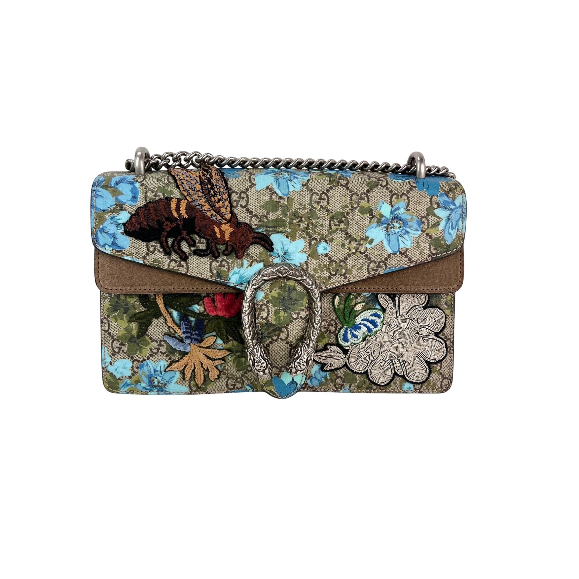 Túi đeo vai Gucci GG Supreme Blooms thêu họa tiết Dionysus cỡ trung màu xanh lam nâu xám