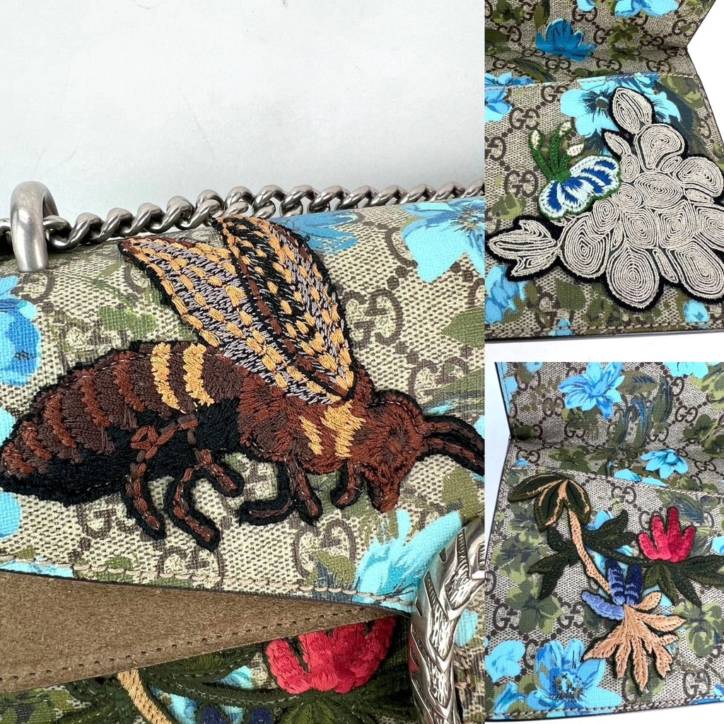 Túi đeo vai Gucci GG Supreme Blooms thêu họa tiết Dionysus cỡ trung màu xanh lam nâu xám