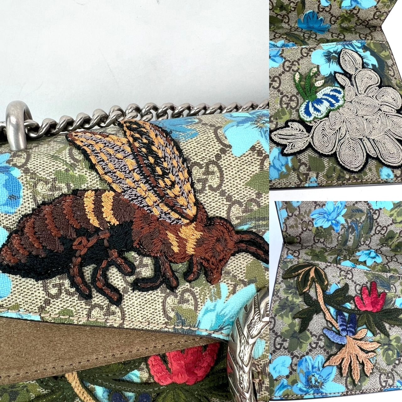Túi đeo vai Gucci GG Supreme Blooms thêu họa tiết Dionysus cỡ trung màu xanh lam nâu xám
