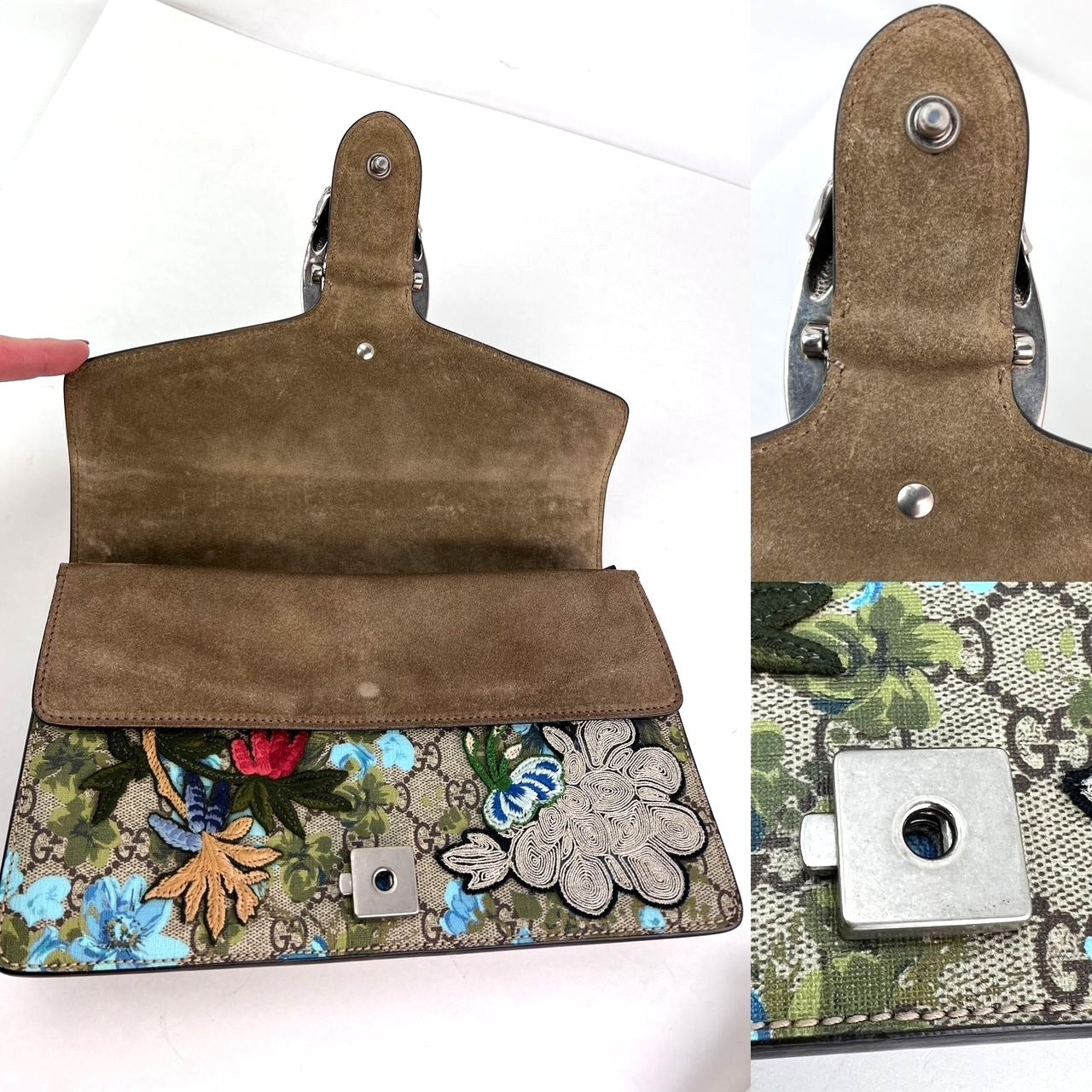 Túi đeo vai Gucci GG Supreme Blooms thêu họa tiết Dionysus cỡ trung màu xanh lam nâu xám