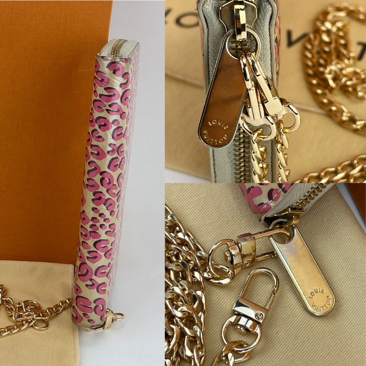 Ví Louis Vuitton Zippy Stephan Sprouse Vernis Leopard có thêm dây xích đeo chéo đã qua sử dụng