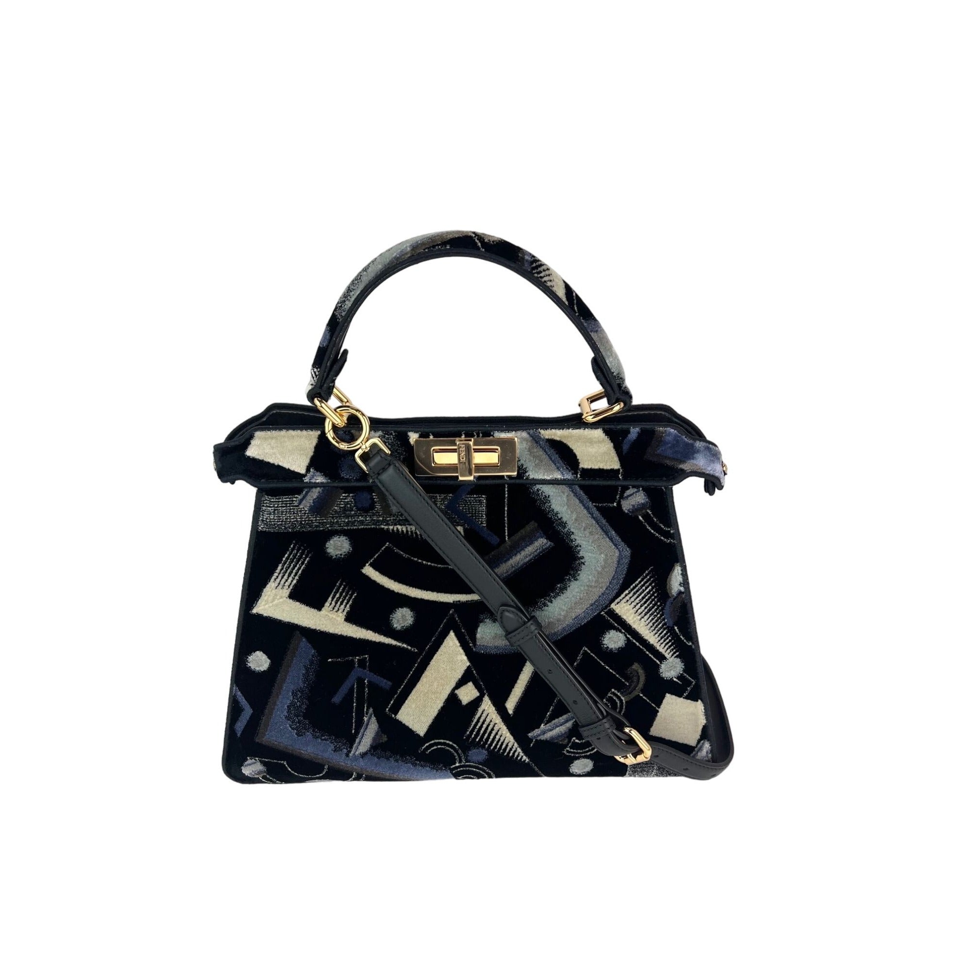 Túi đeo vai Fendi Peekaboo I see u bằng nhung in họa tiết cỡ trung màu đen xanh