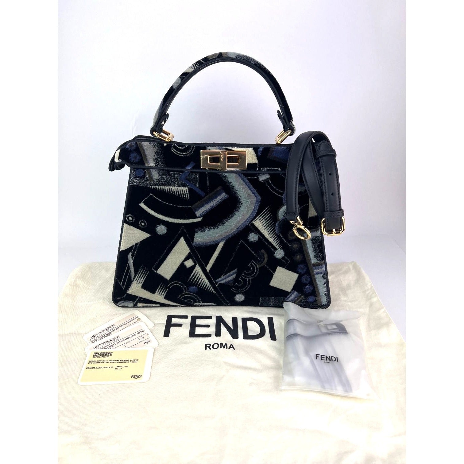 Túi đeo vai Fendi Peekaboo I see u bằng nhung in họa tiết cỡ trung màu đen xanh