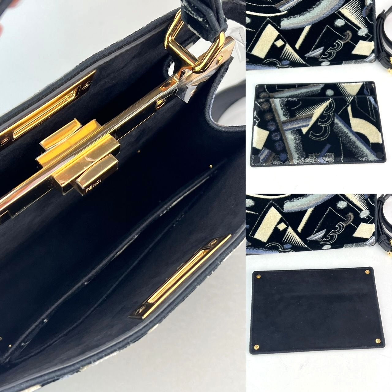 Túi đeo vai Fendi Peekaboo I see u bằng nhung in họa tiết cỡ trung màu đen xanh