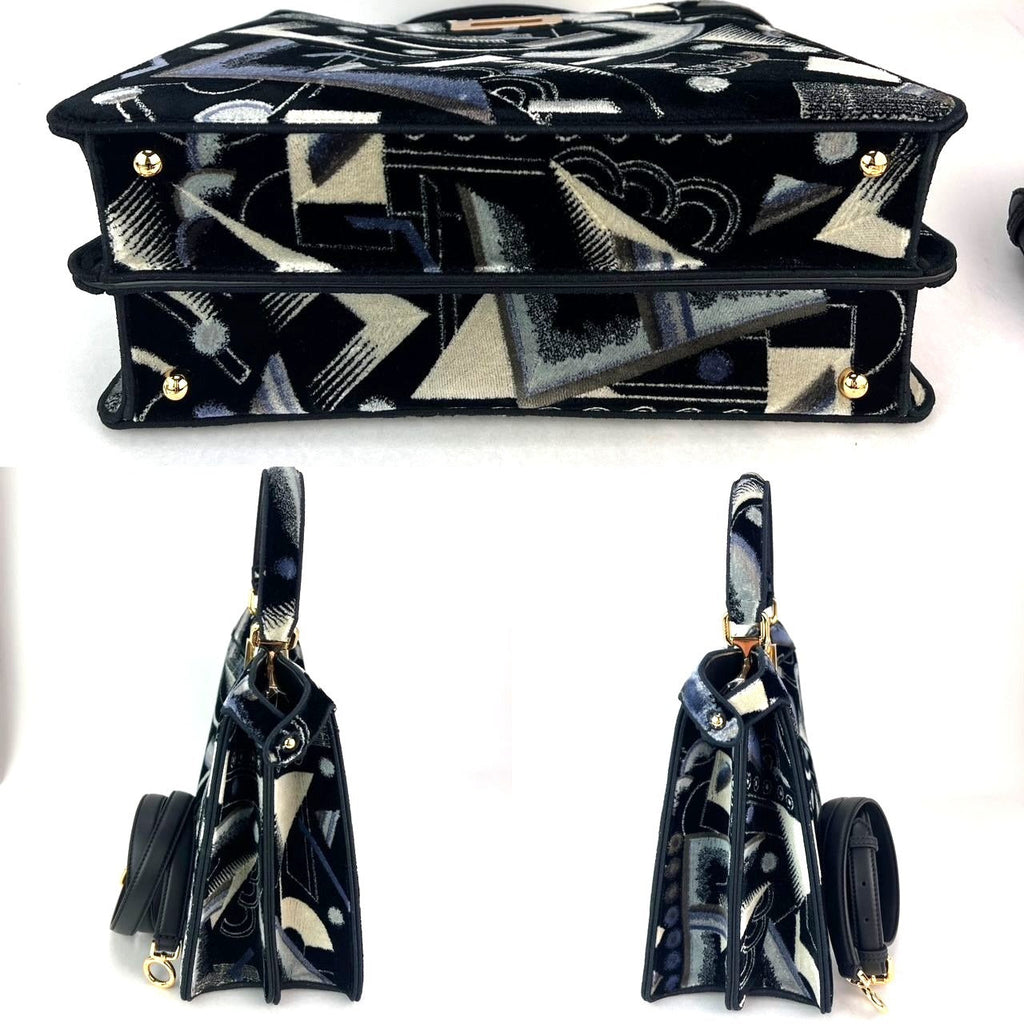 Túi đeo vai Fendi Peekaboo I see u bằng nhung in họa tiết cỡ trung màu đen xanh