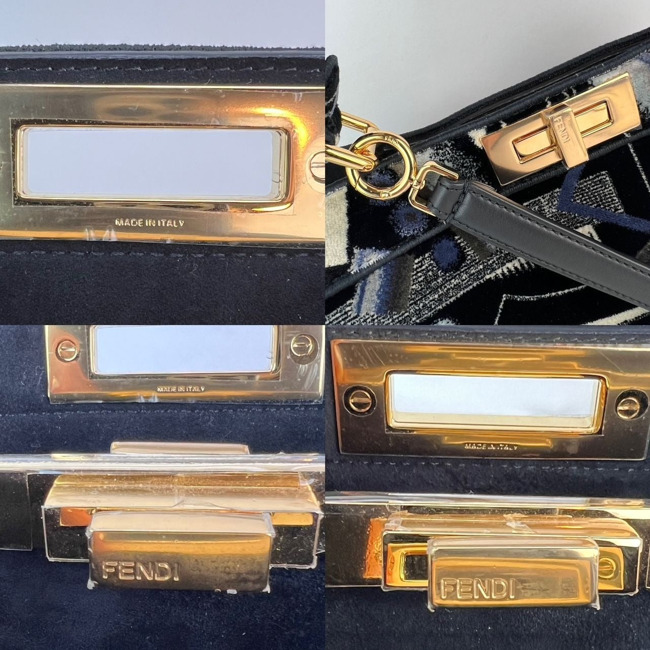 Túi đeo vai Fendi Peekaboo I see u bằng nhung in họa tiết cỡ trung màu đen xanh