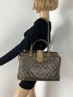 CHANEL Glazed Calfskin Shagreen Large Bindi CC Grey Tote Hand Bag