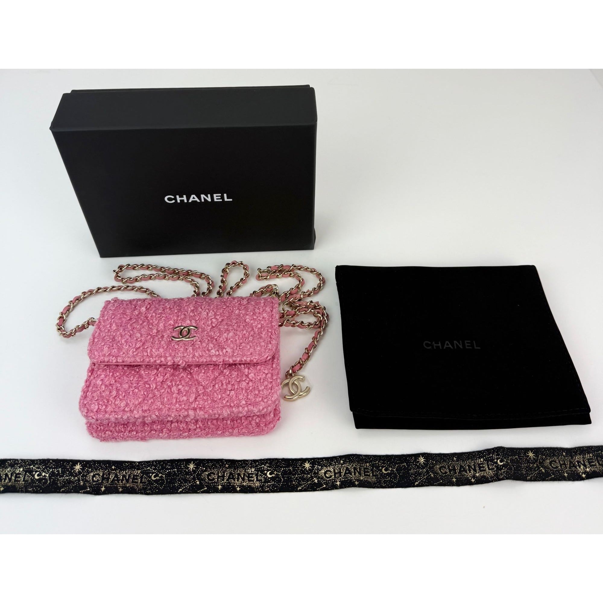 Chanel Tweed Quilted Mini Flap Pink Chain Waist Shoulder Bag