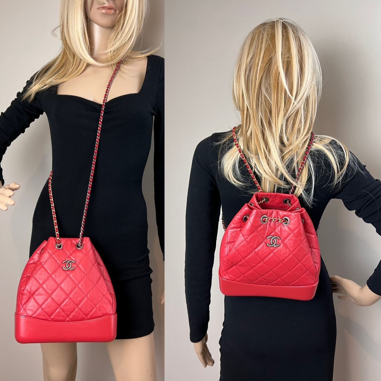 Balo Gabrielle nhỏ bằng da bê Chanel Aged Calfskin Quilted màu đỏ
