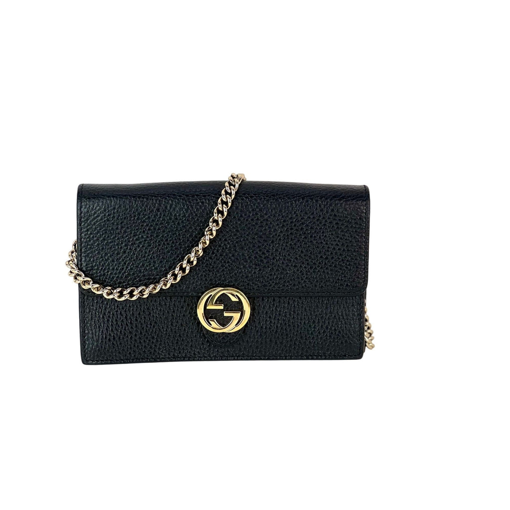 Ví Gucci Interlocking Black Leather Dollar Calfskin GG kèm túi cầm tay xích