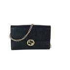 Ví Gucci Interlocking Black Leather Dollar Calfskin GG kèm túi cầm tay xích