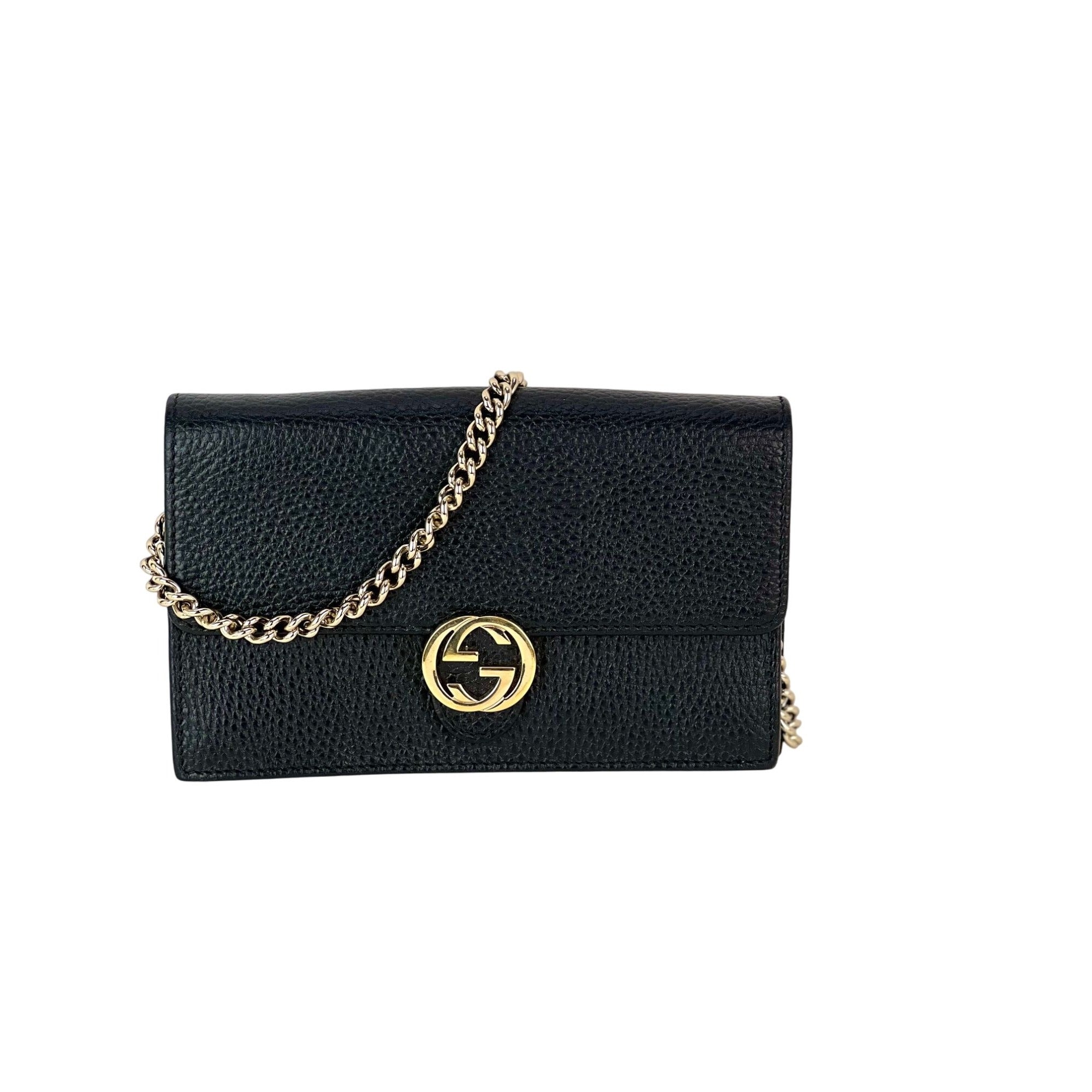 Ví Gucci Interlocking Black Leather Dollar Calfskin GG kèm túi cầm tay xích