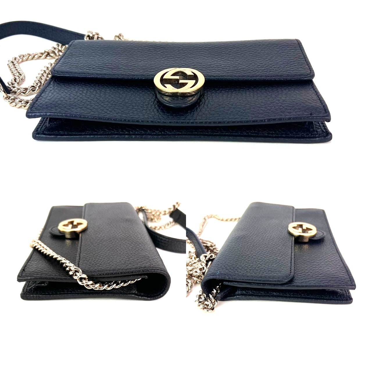 Ví Gucci Interlocking Black Leather Dollar Calfskin GG kèm túi cầm tay xích