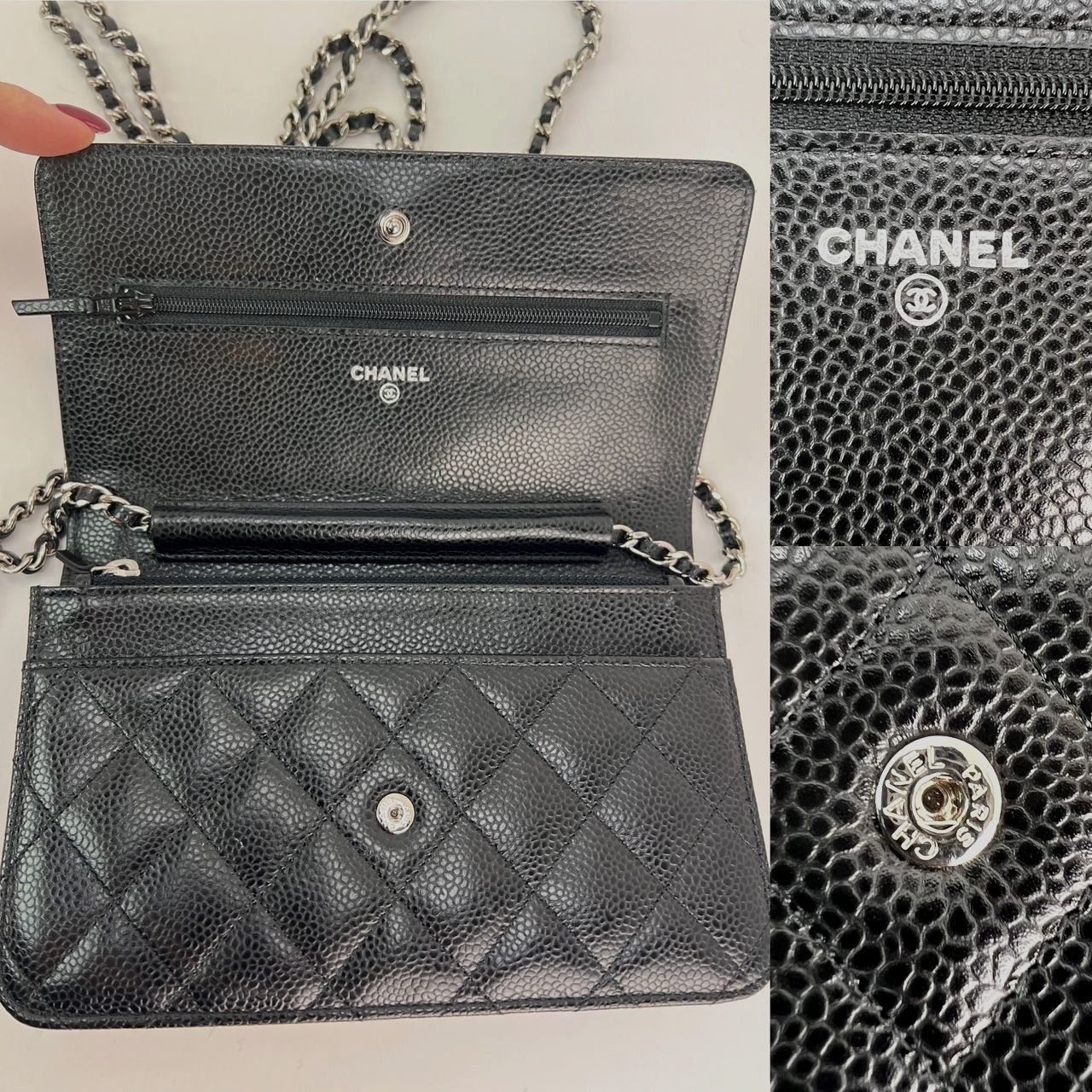 Ví cầm tay Chanel làm từ da bê chần bông Caviar