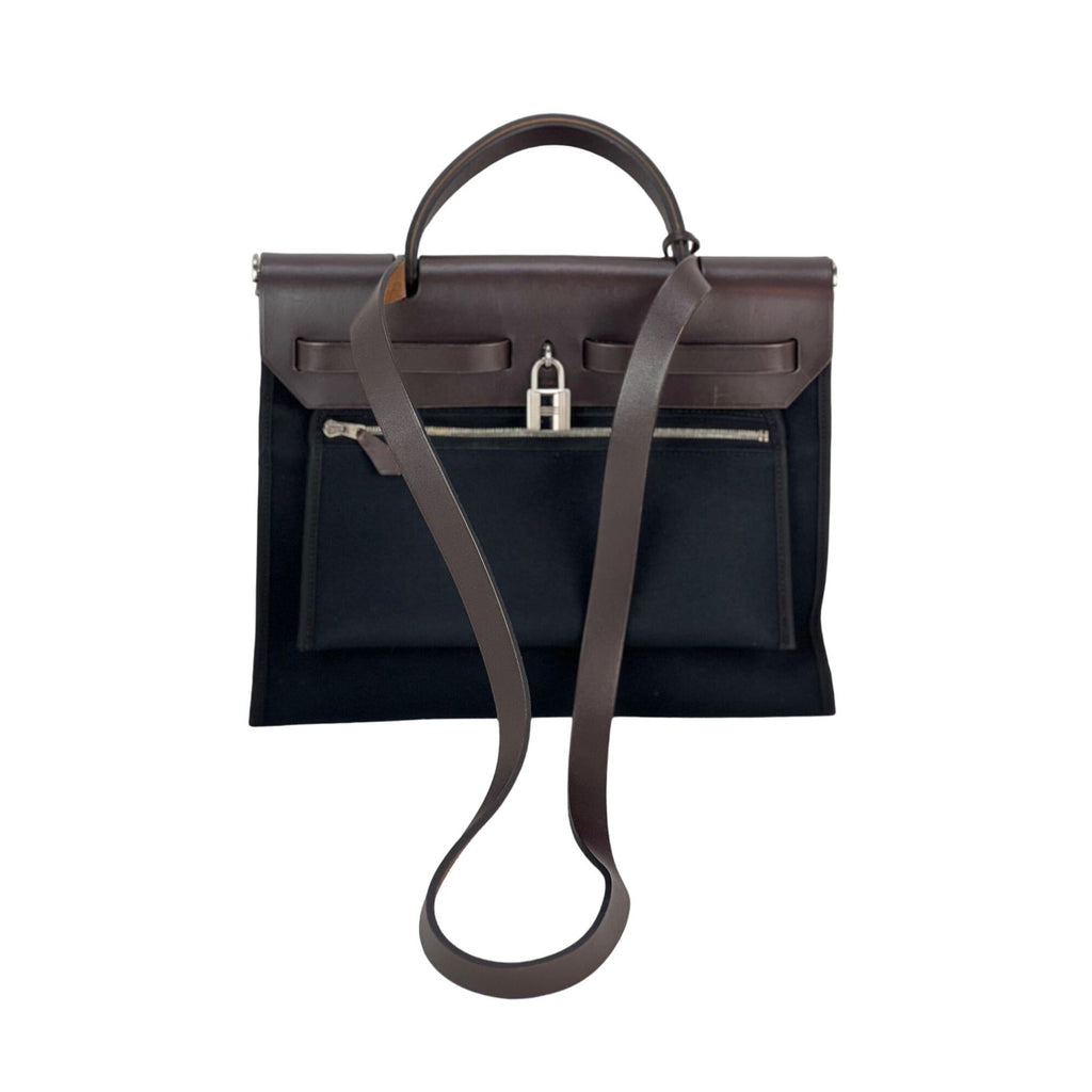 Túi đeo vai Hermes Toile vache Hunter Herbag zip 31 PM màu đen Ebene